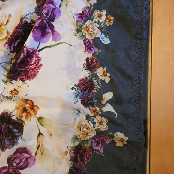 Johnny Was Floral Blouse - Purple, Yellow, Cream. 34" long, chest is 25".  Silk. - Picture 5 of 9